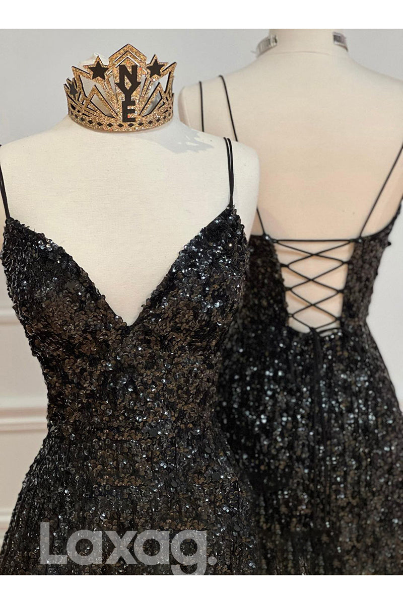 19797 - Plunging V-Neck Sequins Black Prom Dress Glitter