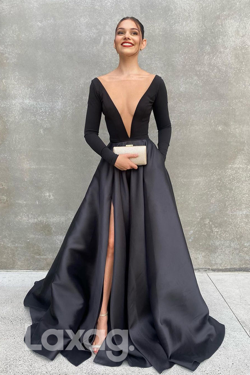 19798 - Attractive Deep V-Neck Long Sleeves Black Formal Evening Dress with Pokctes