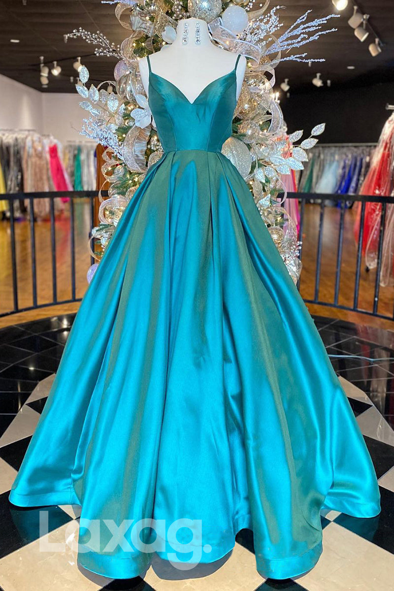 19799 - Women's Spaghetti Straps Satin Simple Prom Dress with Pockets
