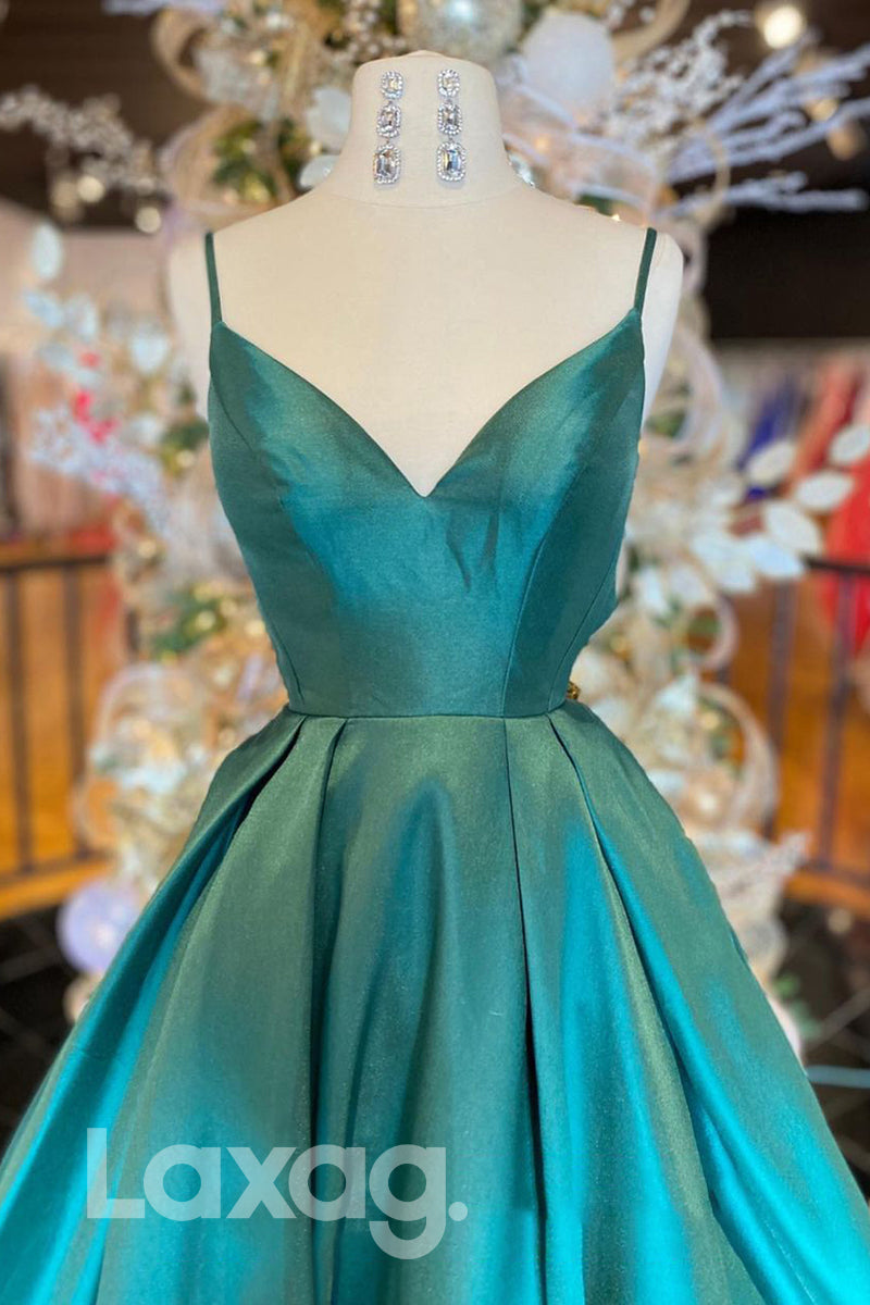 19799 - Women's Spaghetti Straps Satin Simple Prom Dress with Pockets