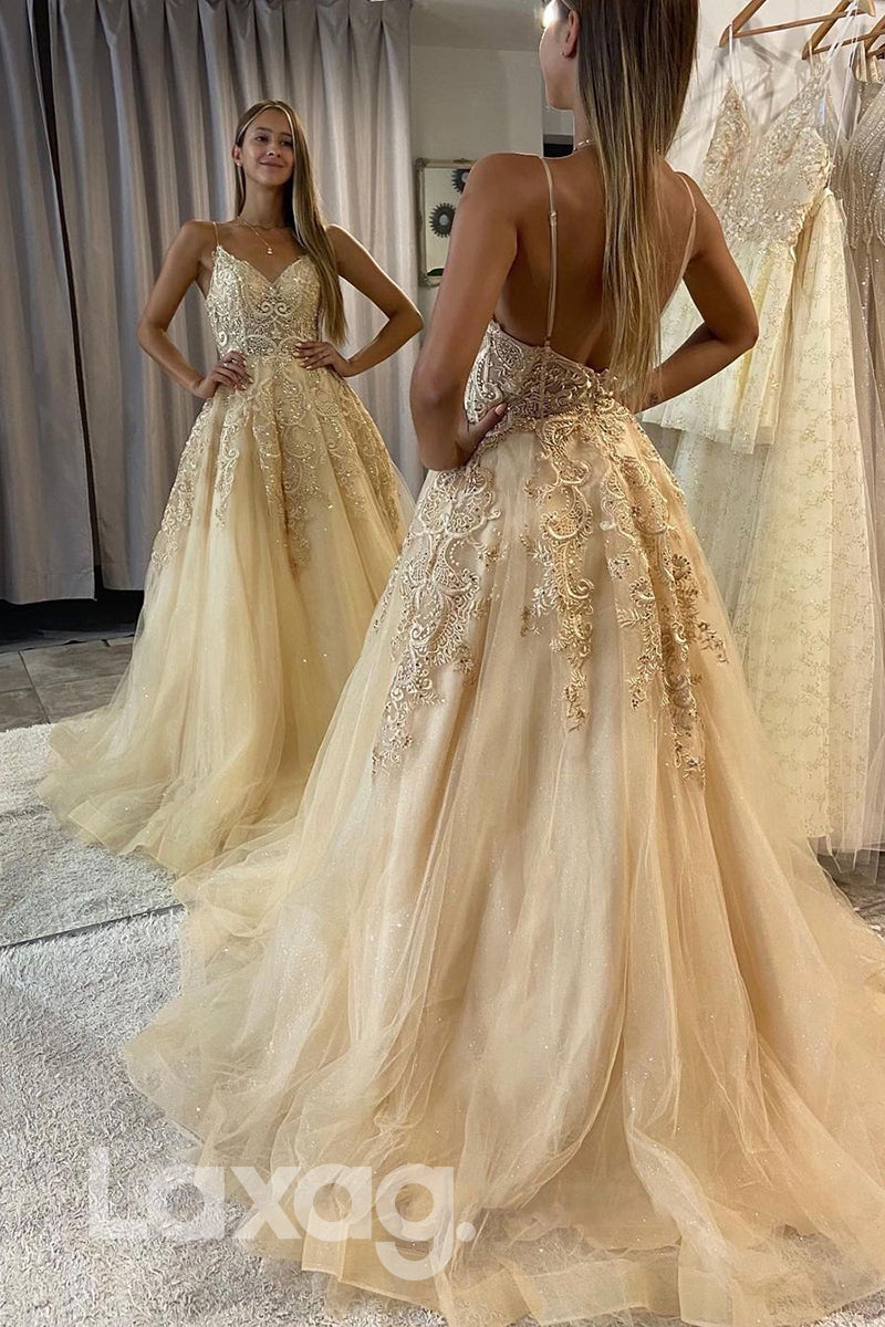 20718 - Spaghetti Straps Lace Appliques A-line Long Prom Dress