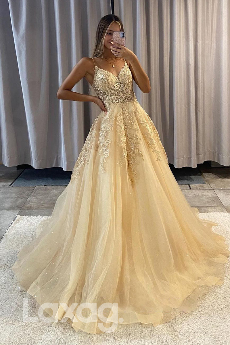 20718 - Spaghetti Straps Lace Appliques A-line Long Prom Dress
