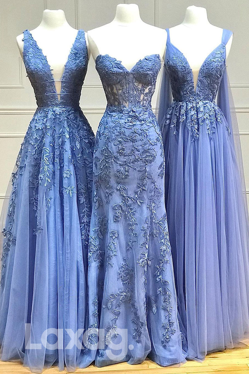 20719 - A-line Deep V-Neck Lace Appliques Lilac Prom Dress Long