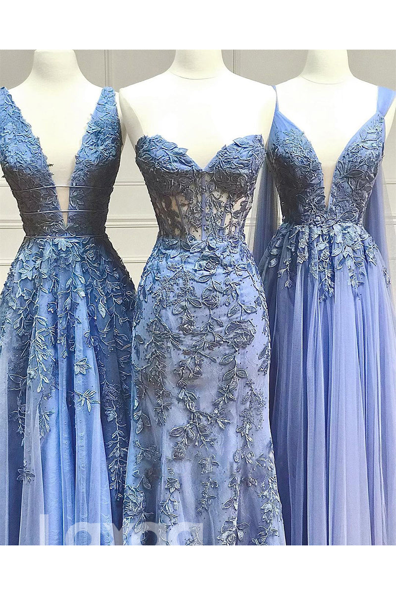 20719 - A-line Deep V-Neck Lace Appliques Lilac Prom Dress Long