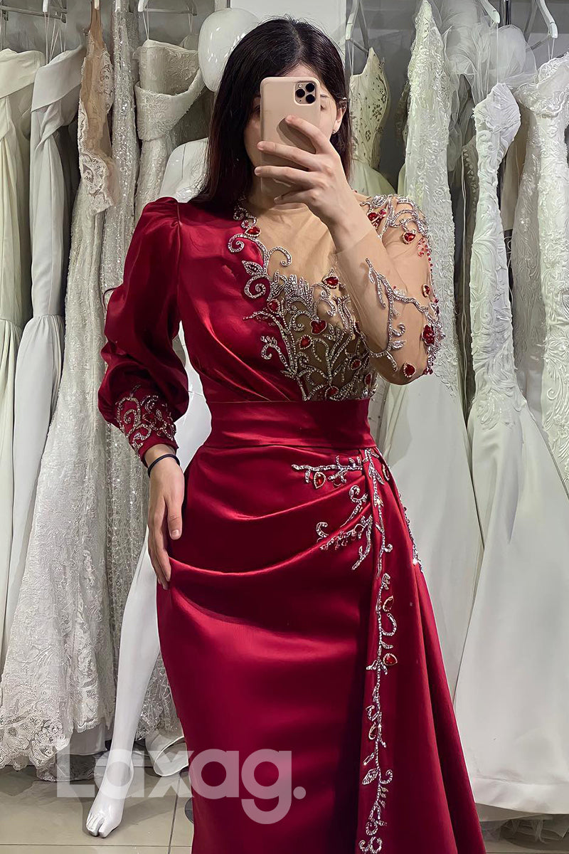 14796 - Floral Beading Long Sleeves Pleated Prom Gown