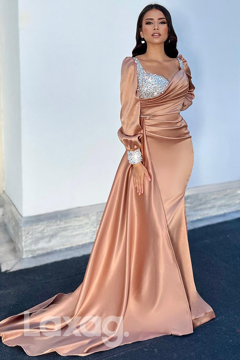 15776 - Long Sleeves Sweetheart Beaded Pleated Prom Dress