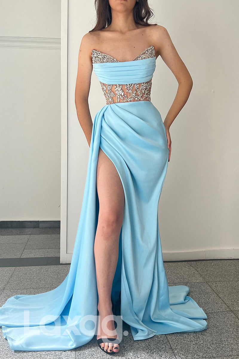 16719 - Strapless Beaded Pleated Thigh Slit Satin Prom Dress
