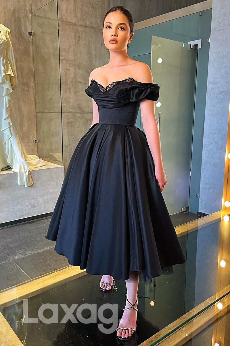 12759 - Off Shoulder Open Back A-Line Ankle Length Black Prom Dress