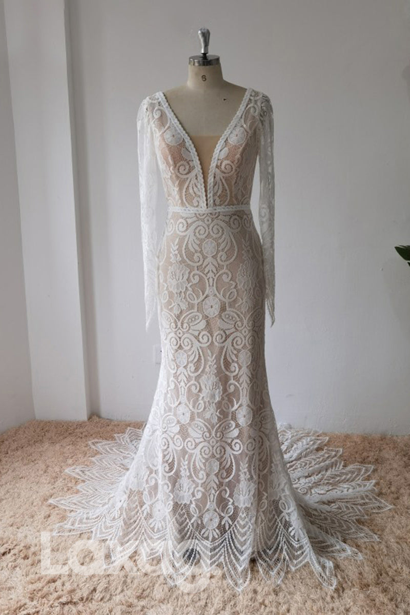 13558 - Plunging V-neck Appliques Backless Mermaid Wedding Dress