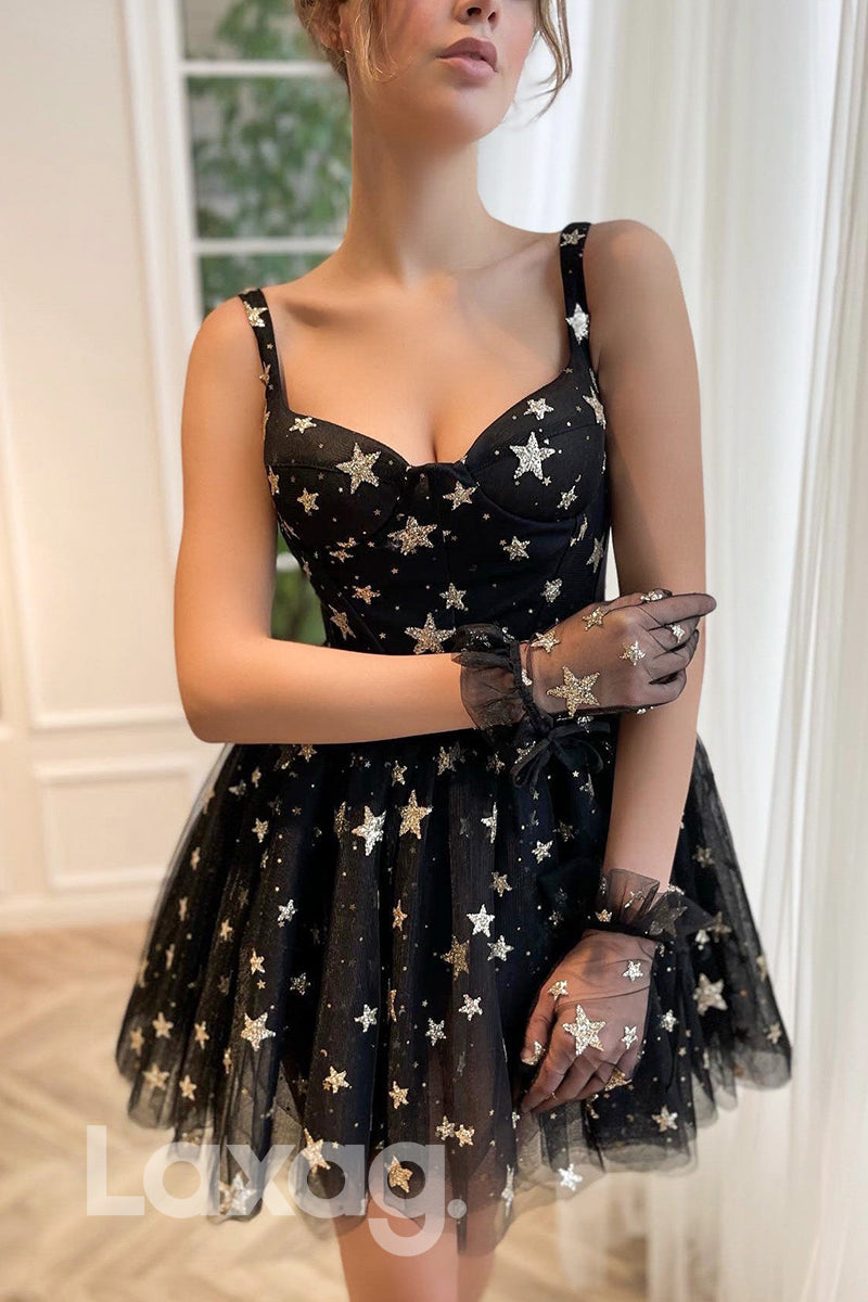 16716 - Spaghetti Star Dot Sequined Short Prom Dress