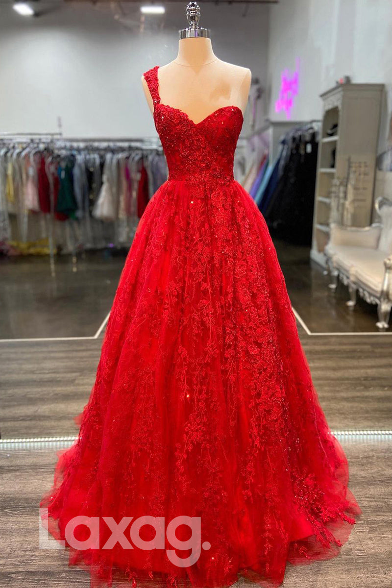 19743 - A-line One Shoulder Lace Appliques Red Prom Dress