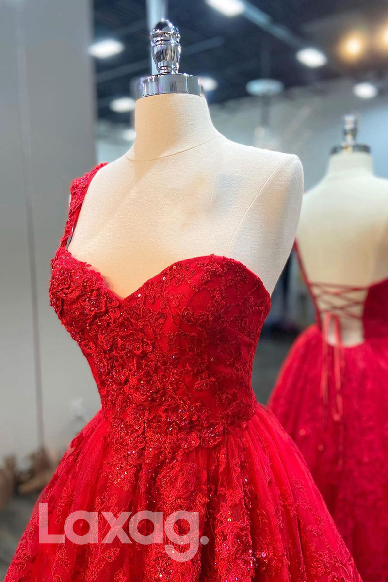 19743 - A-line One Shoulder Lace Appliques Red Prom Dress