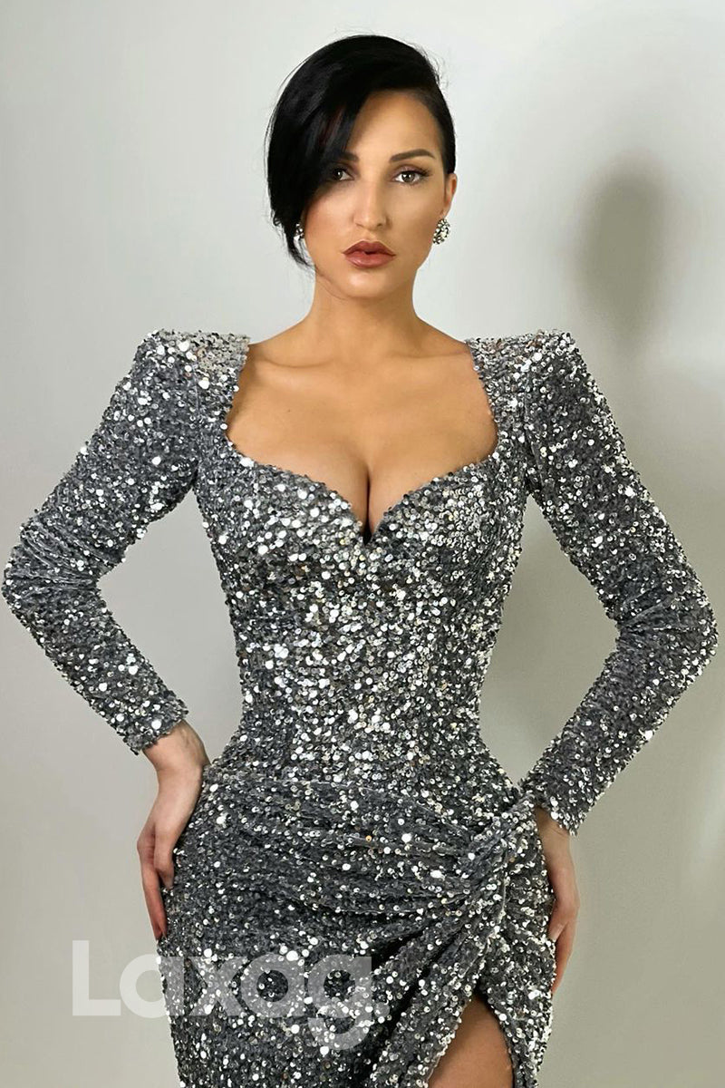 19747 - Sexy V-Neck Long Sleeves Sequins Sparkly Prom Dress with Slit