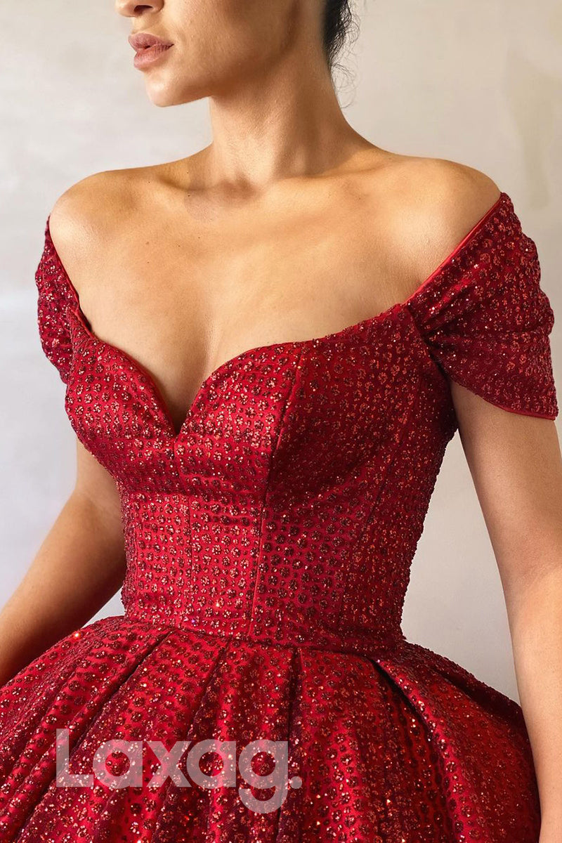 19752 - Cap Sleeves Sequins Burgundy Prom Ball Gown Glitter