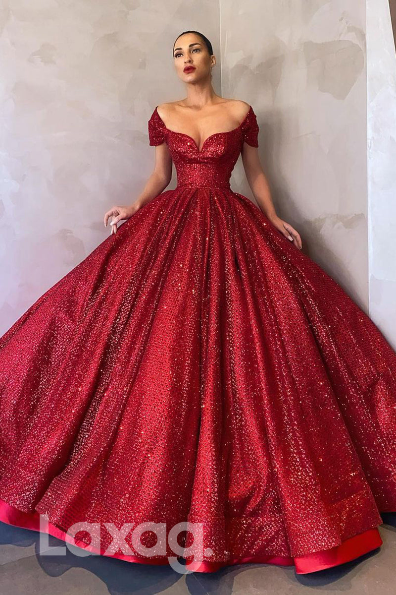 19752 - Cap Sleeves Sequins Burgundy Prom Ball Gown Glitter