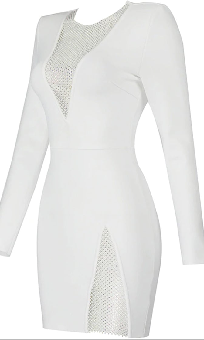 Mesh Inset Round Neck Long Sleeve Bodycon Mini Dress 9