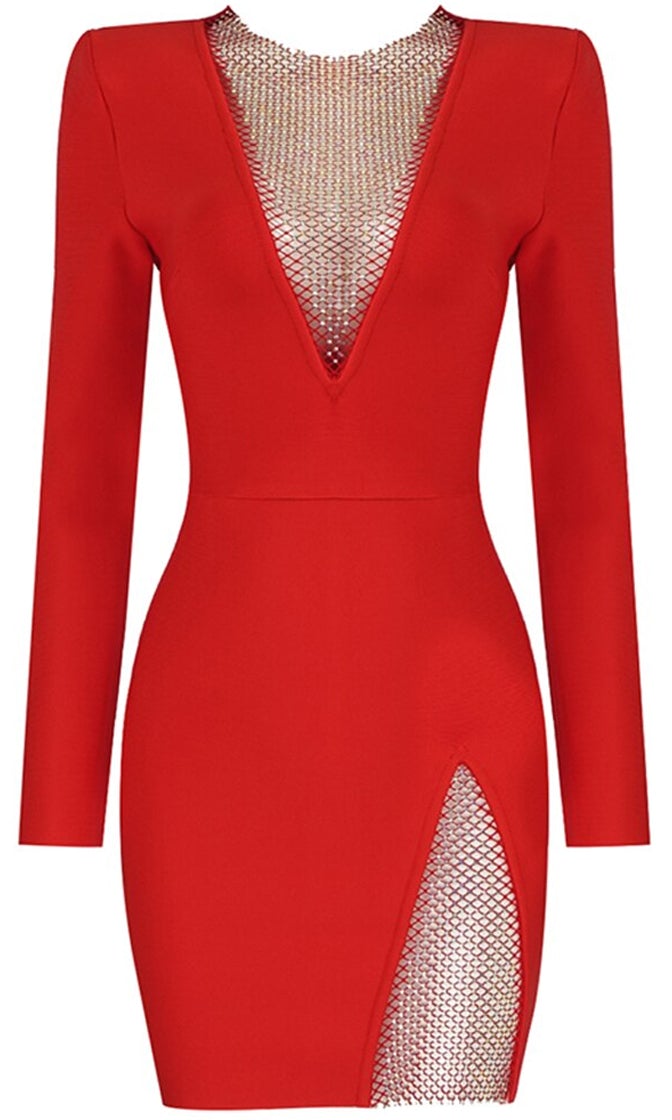 Mesh Inset Round Neck Long Sleeve Bodycon Mini Dress 15