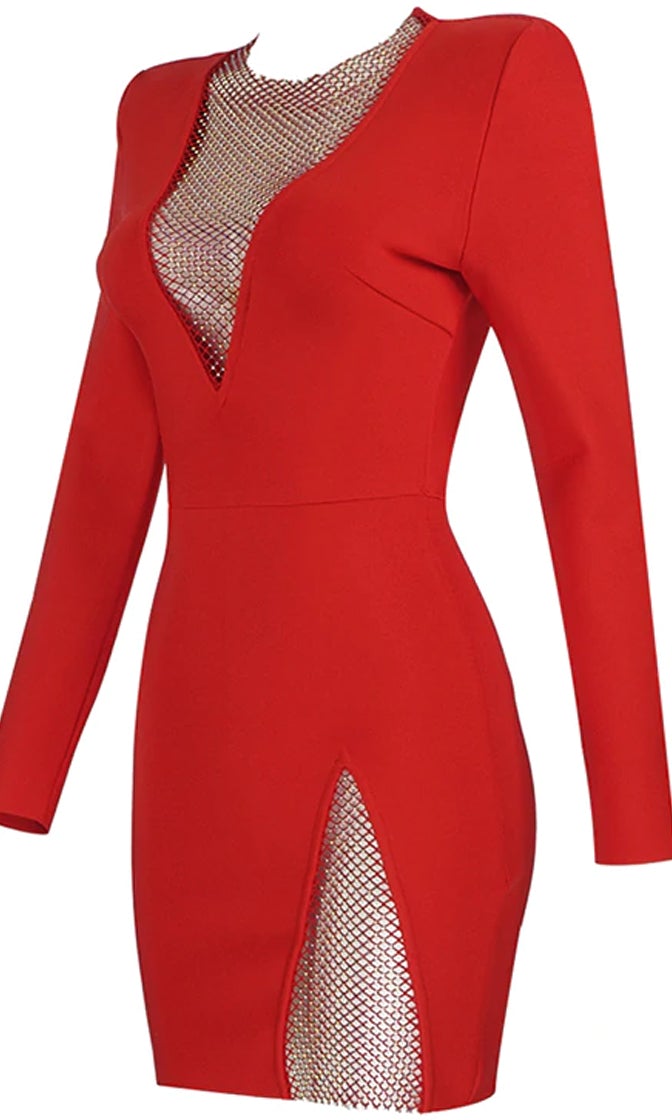 Mesh Inset Round Neck Long Sleeve Bodycon Mini Dress 16