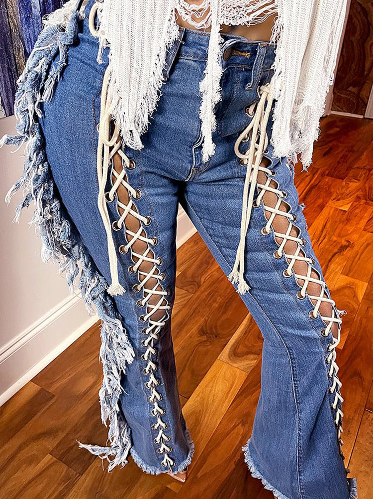 High Waist Lace Up Side Cut Out Frayed Flare Jeans 6