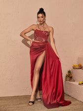 Leif Lace Corset Split Maxi Dress In Red 3