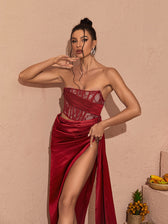 Leif Lace Corset Split Maxi Dress In Red 4