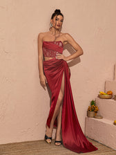 Leif Lace Corset Split Maxi Dress In Red 2