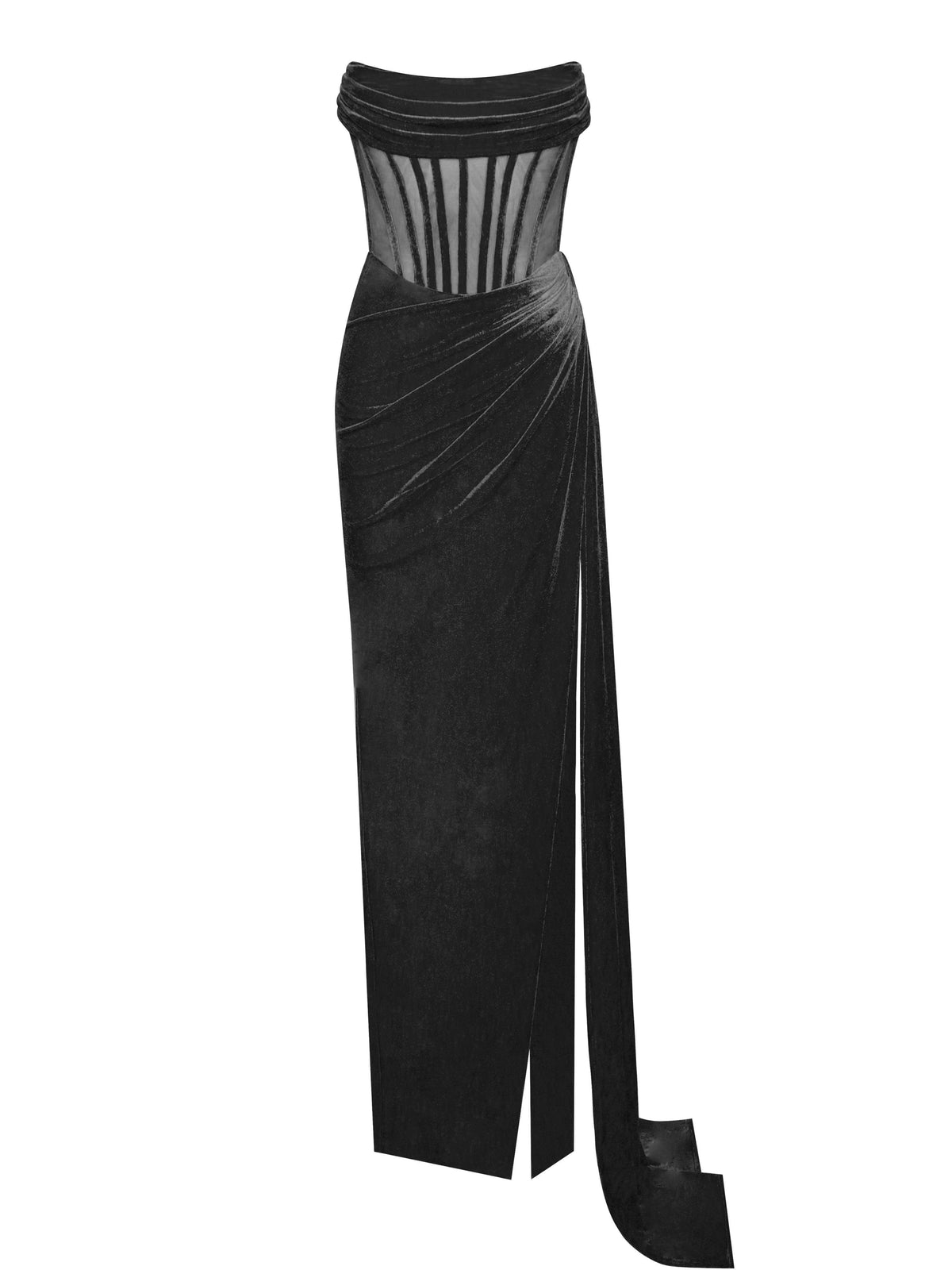 Strapless Velvet Sheer Corset High Split Maxi Dress 6