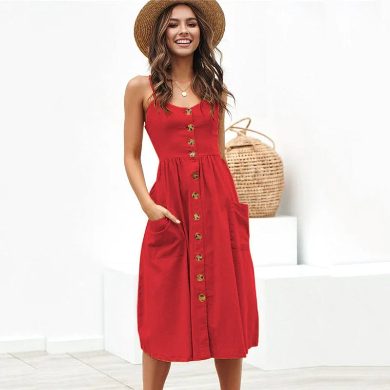 Suspender Button Backless VNeck Midi Dress