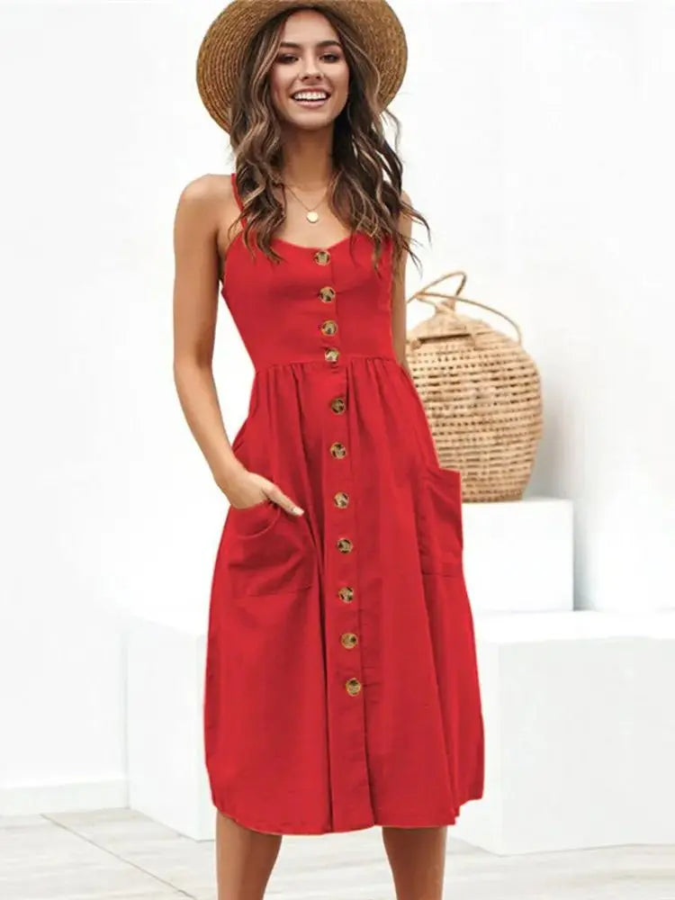 Suspender Button Backless VNeck Midi Dress