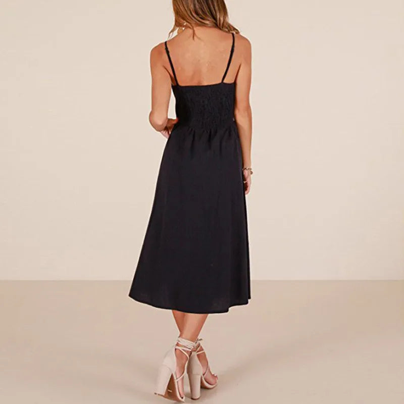 Suspender Button Backless VNeck Midi Dress