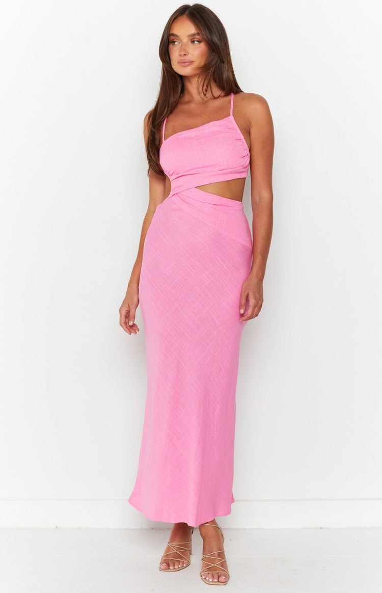 Linen Look Side Waist Cut Out Cami Column Maxi Dress 3