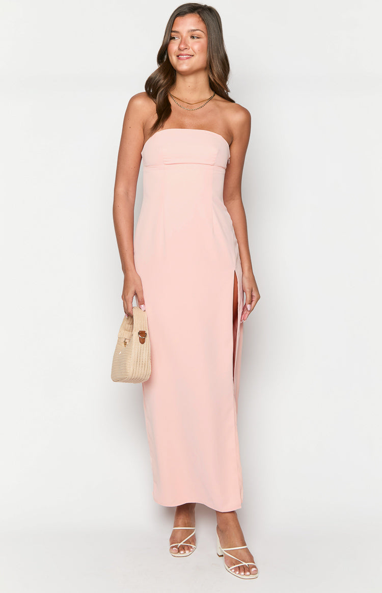 Strapless Straight Neck Column High Split Maxi Dress 2