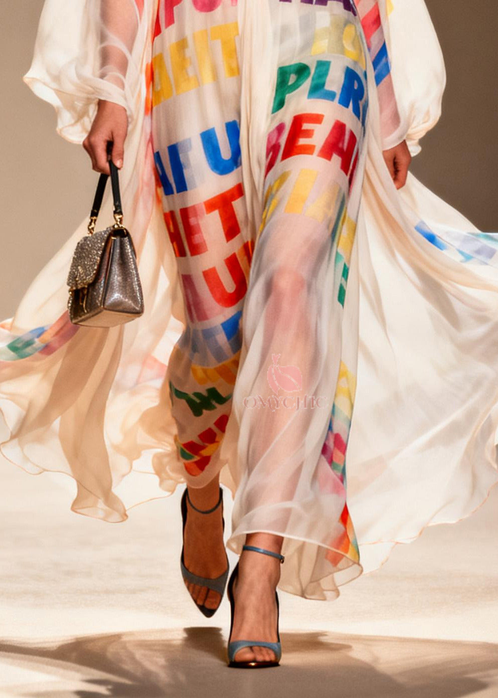 Chiffon Deep V-Neck Letter Print Sheer Balloon Sleeve Maxi Gown