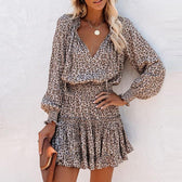Leopard Deep V-Neck Long Sleeve Smocked Tiered Mini Dress