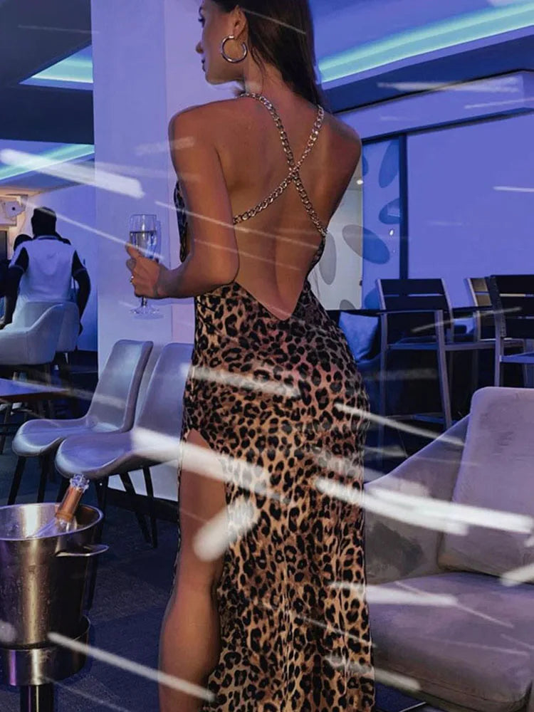 Chain Strap Leopard Slit Midi Dress