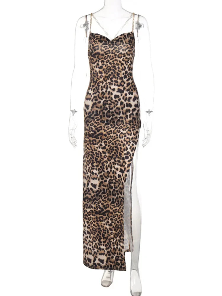 Leopard Chain Strap Side Slit Backless Festival Elegant Midi Dresses