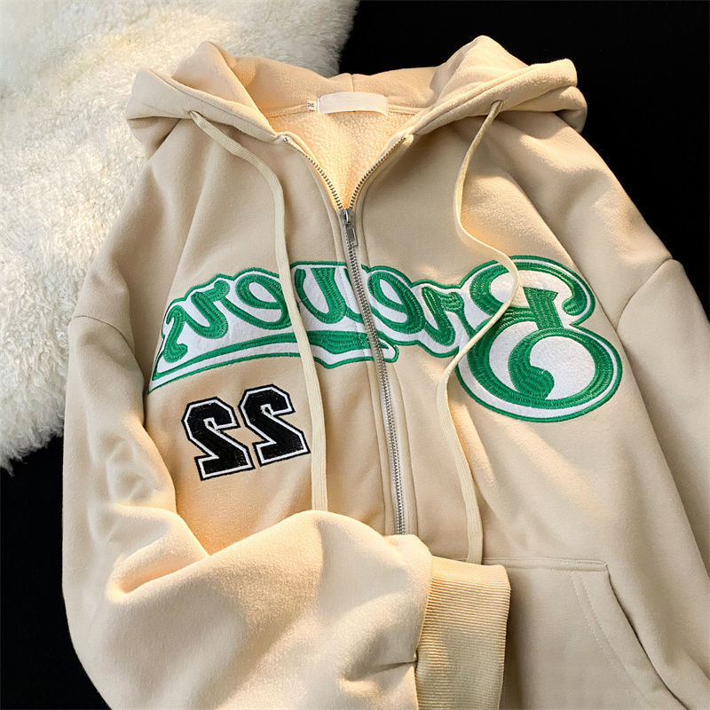 Gothic Letter Embroidered Zip Up Drawstring Hoodie 10