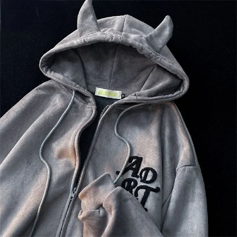 Devil Horn Hood Letter Embroidery Suede-look Zip Up Hoodie