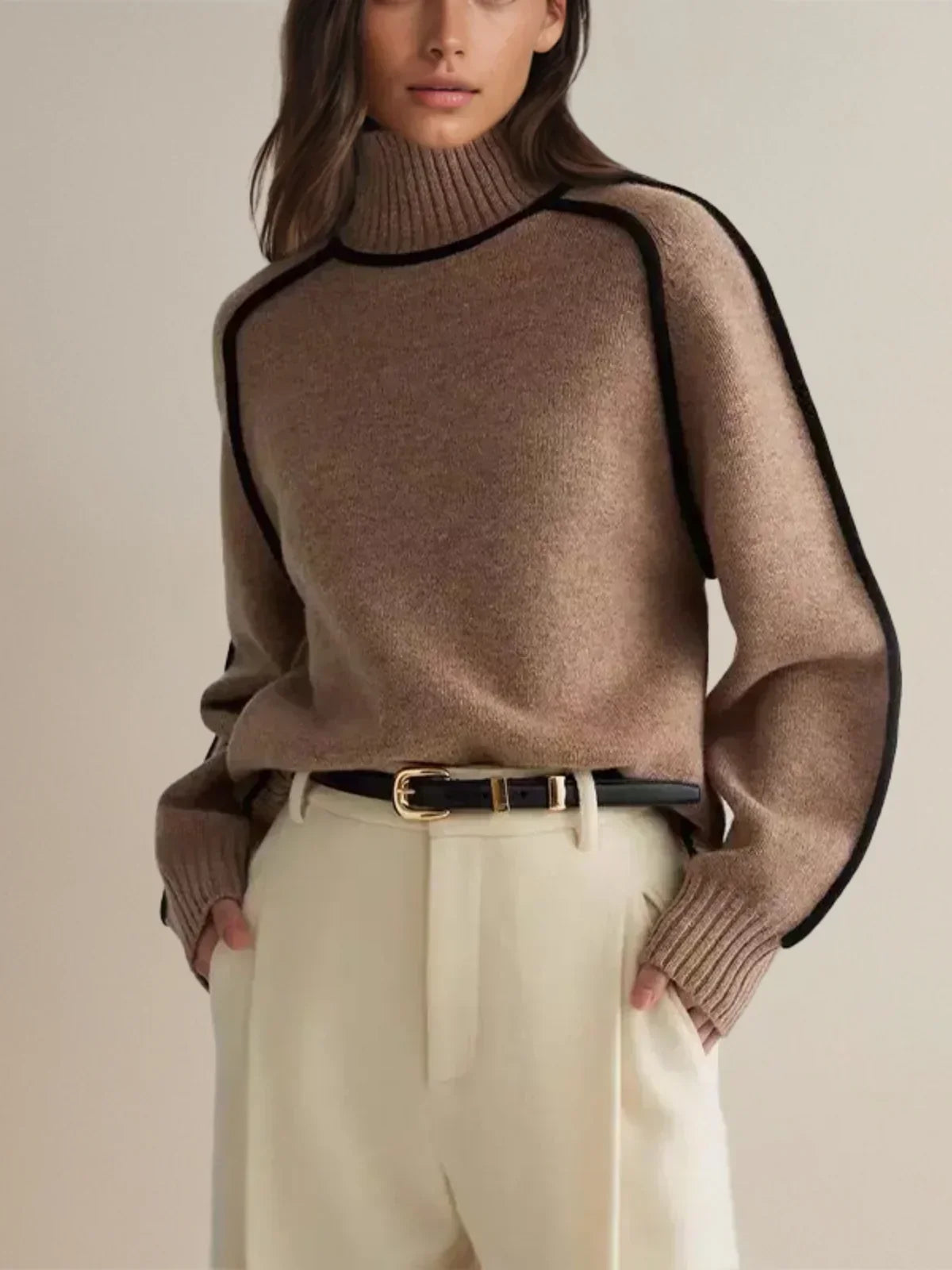 Turtleneck Contrast Piping Knit Sweater