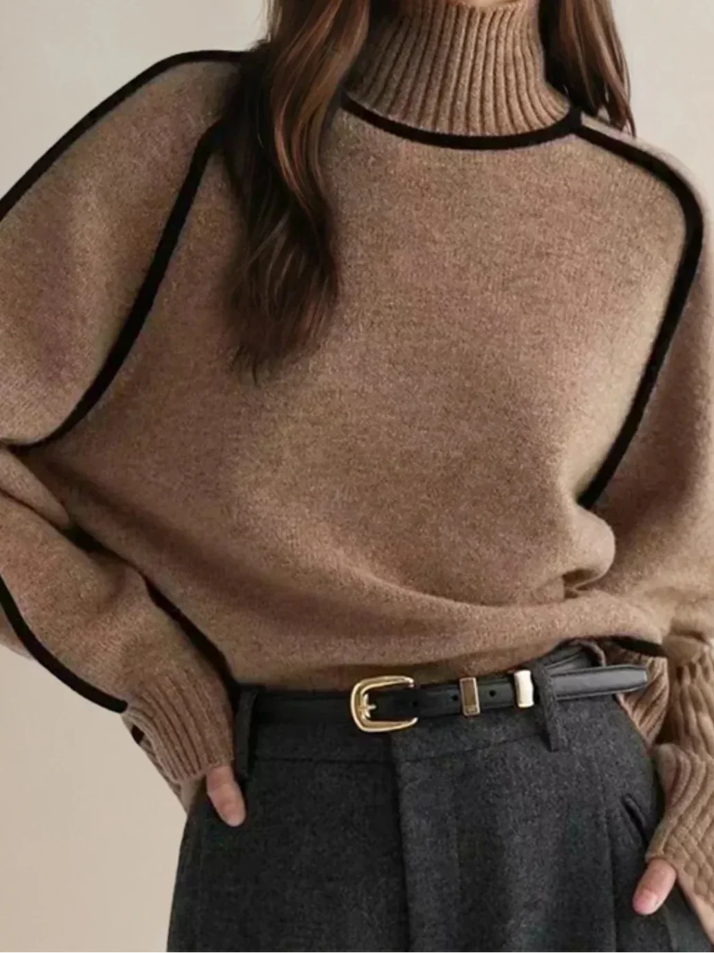 Turtleneck Long Sleeve Contrast Piping Sweater