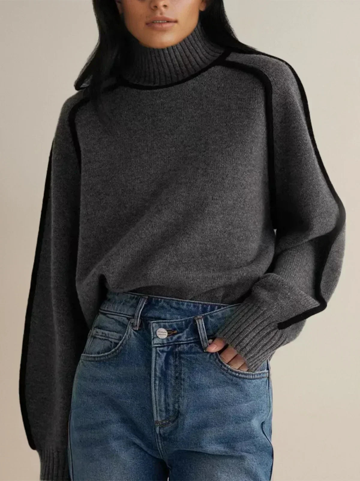 Turtleneck Contrast Piping Knit Sweater