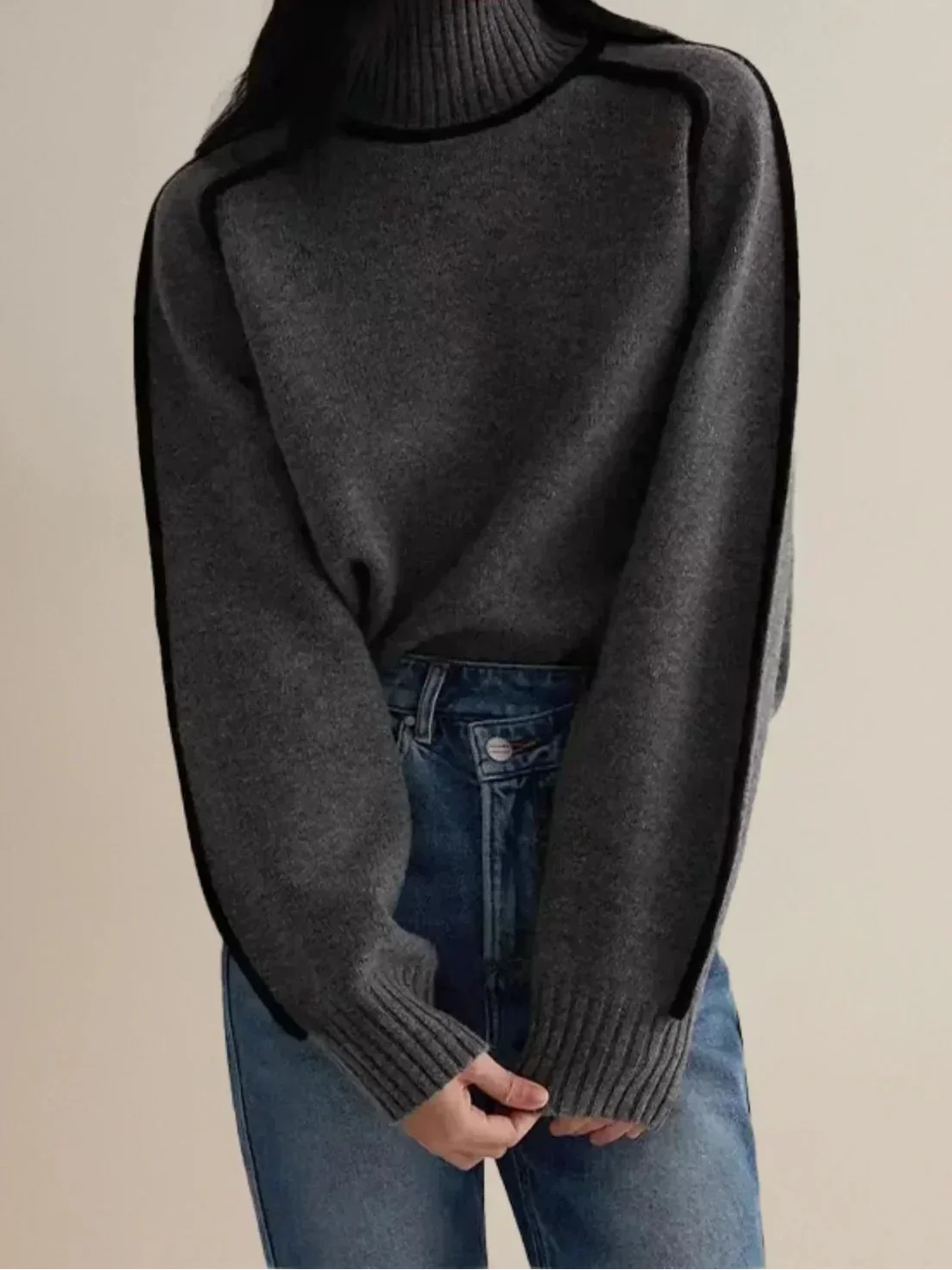 Turtleneck Long Sleeve Contrast Piping Sweater