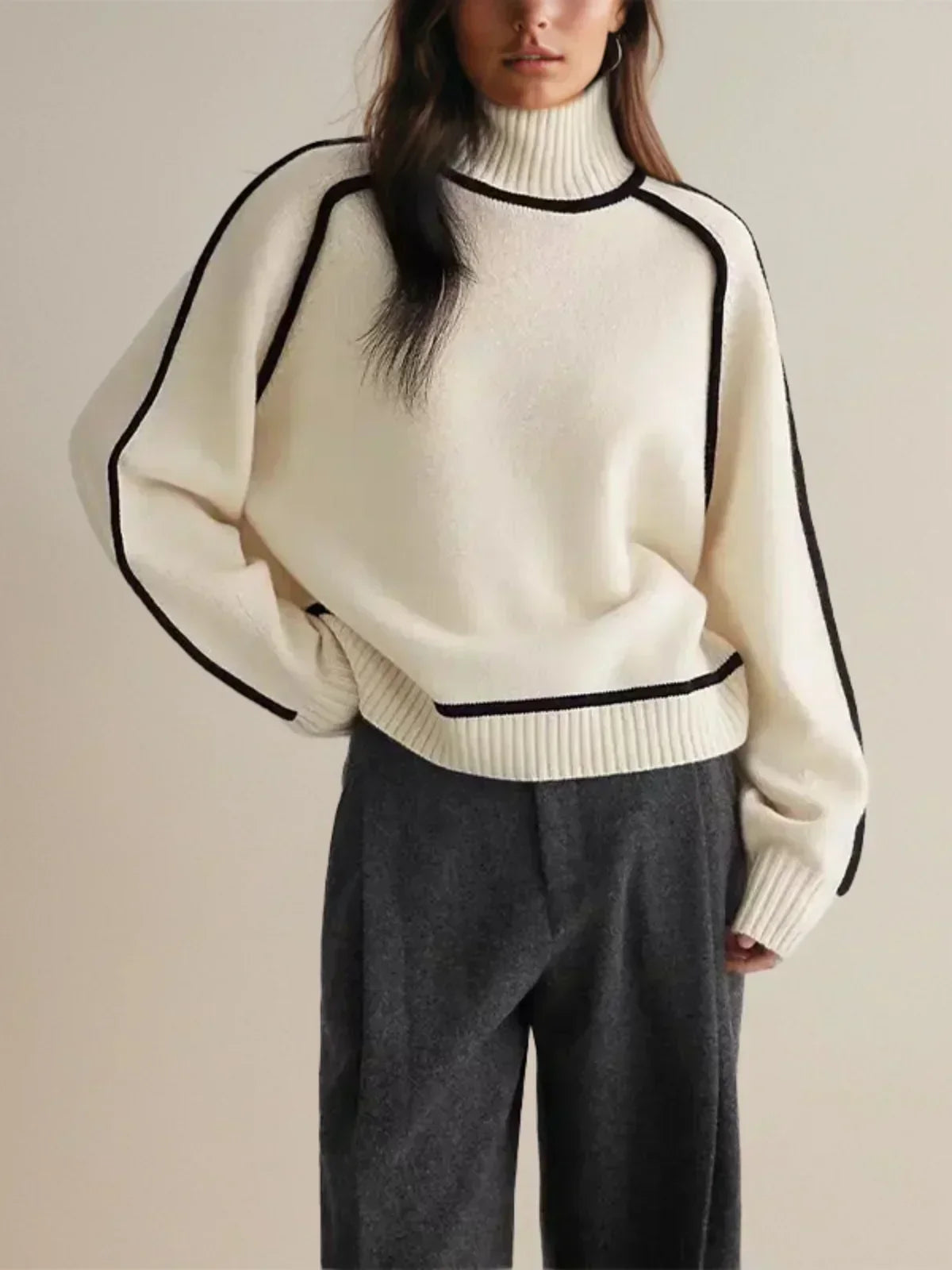 Turtleneck Contrast Piping Knit Sweater