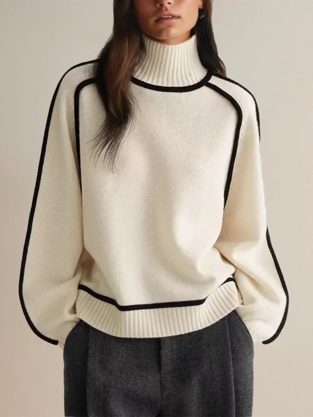 Turtleneck Contrast Piping Long Sleeve Knit Sweater