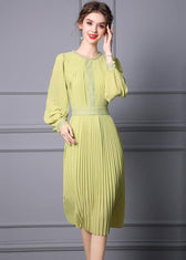 Light Green Chiffon Pleated Cinch Dress O-Neck Long Sleeve 3