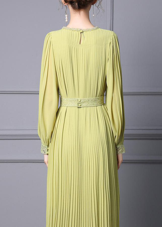 Light Green Chiffon Pleated Cinch Dress O-Neck Long Sleeve 4