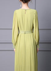 Light Green Chiffon Pleated Cinch Dress O-Neck Long Sleeve 4