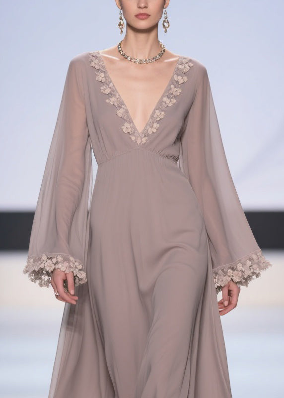 Chiffon Floral Applique Deep V-Neck Bell Sleeve Empire Waist Maxi Gown