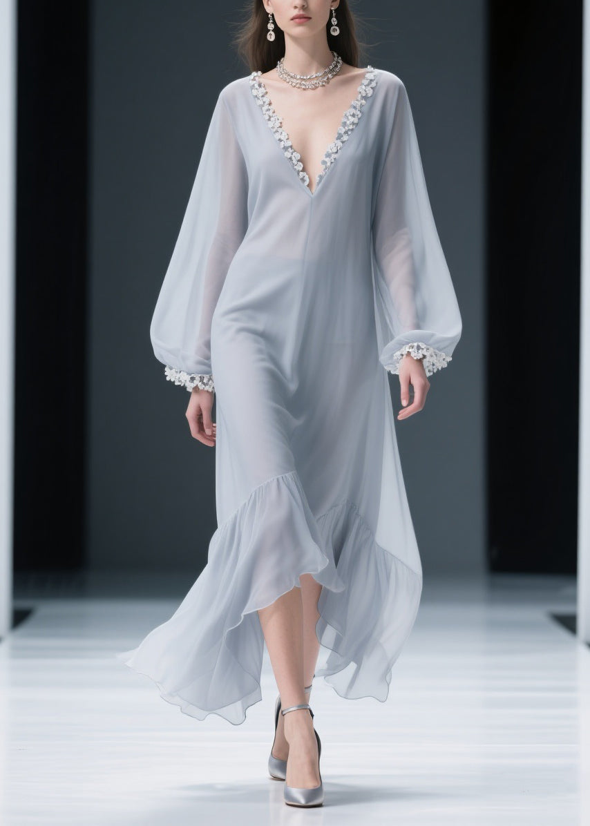 Chiffon Lace Trim V-Neck Lantern Sleeve Ruffle Hem Maxi Dress