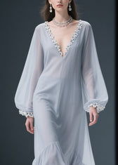 Light Grey Lace Solid Chiffon Maxi Dresses V Neck Spring 2